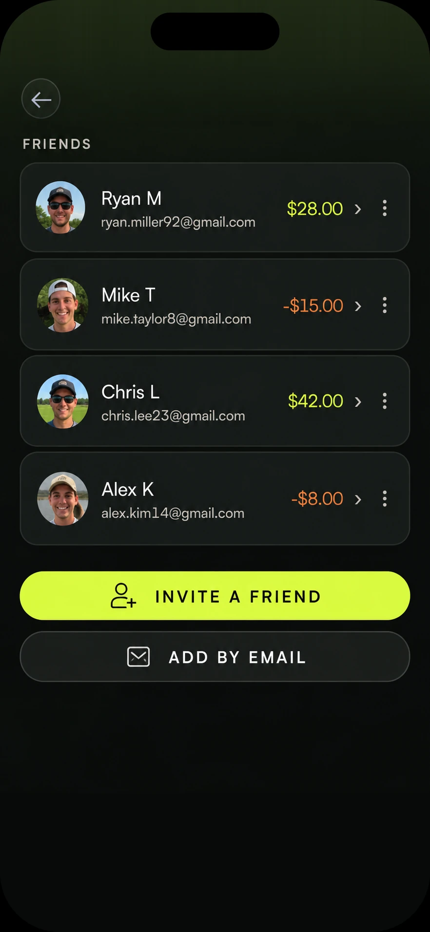 Friends screen listing four friends with a running balance next to each, plus Invite a friend and Add by email buttons.
