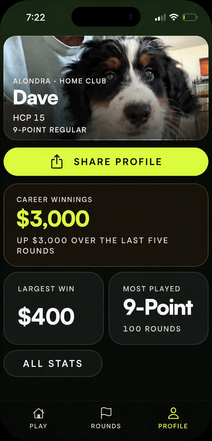 Profile screen with home club, handicap, career record, best round, most played game and a Share profile button.