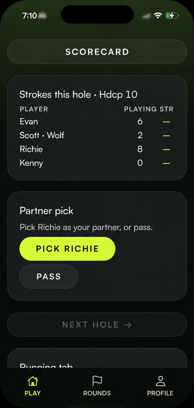 In-round Wolf screen showing handicap strokes for each player on this hole and a partner pick prompt with Pick and Pass buttons.